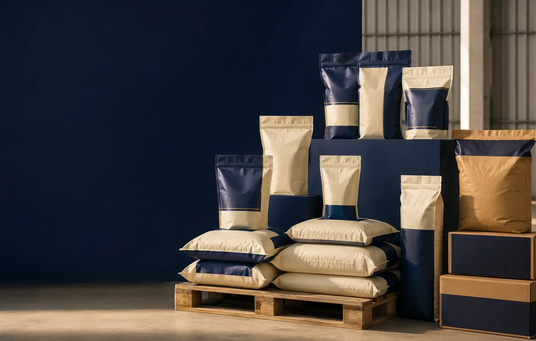 Premium cream and navy packaged agricultural products arranged for wholesale distribution