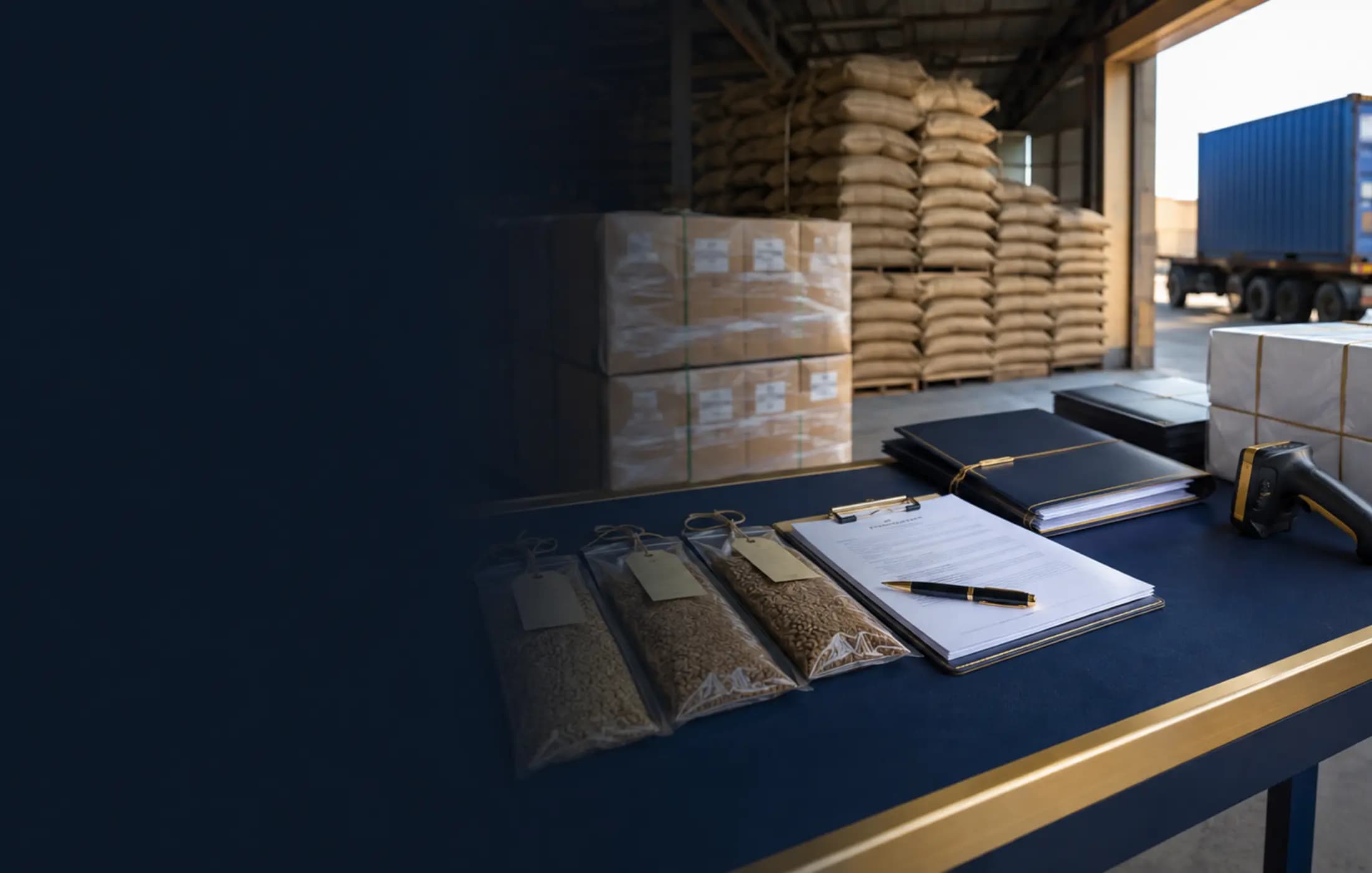 Packaged agricultural commodities and trade documents inside a commercial warehouse