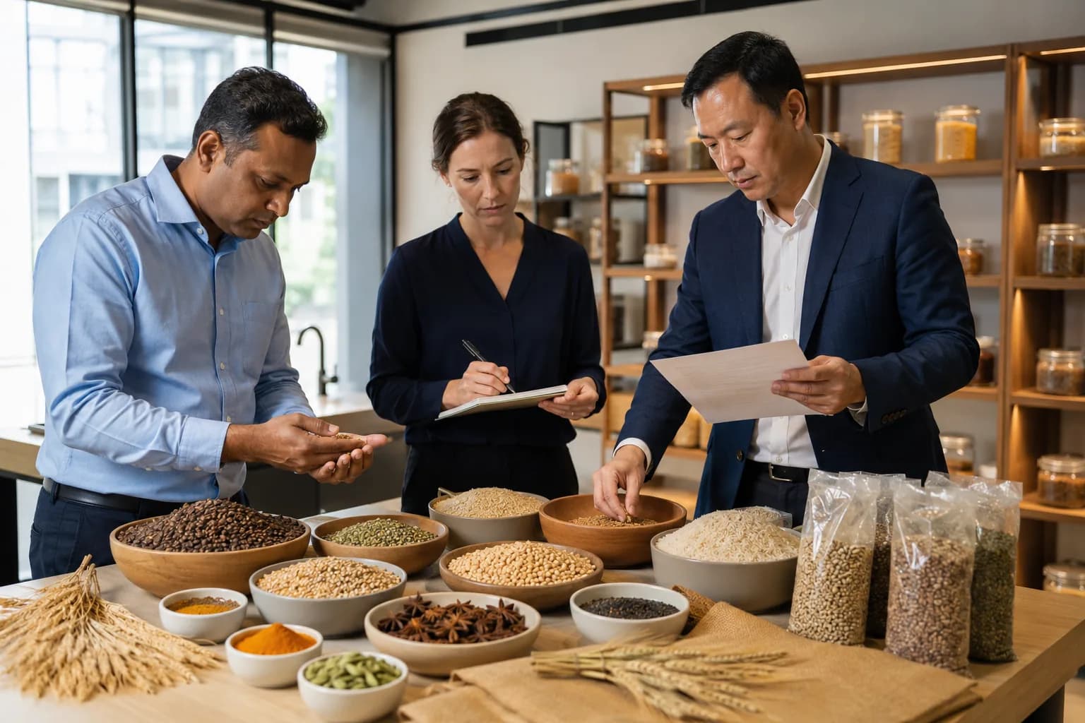 Commodity specialists reviewing agricultural samples and product specifications