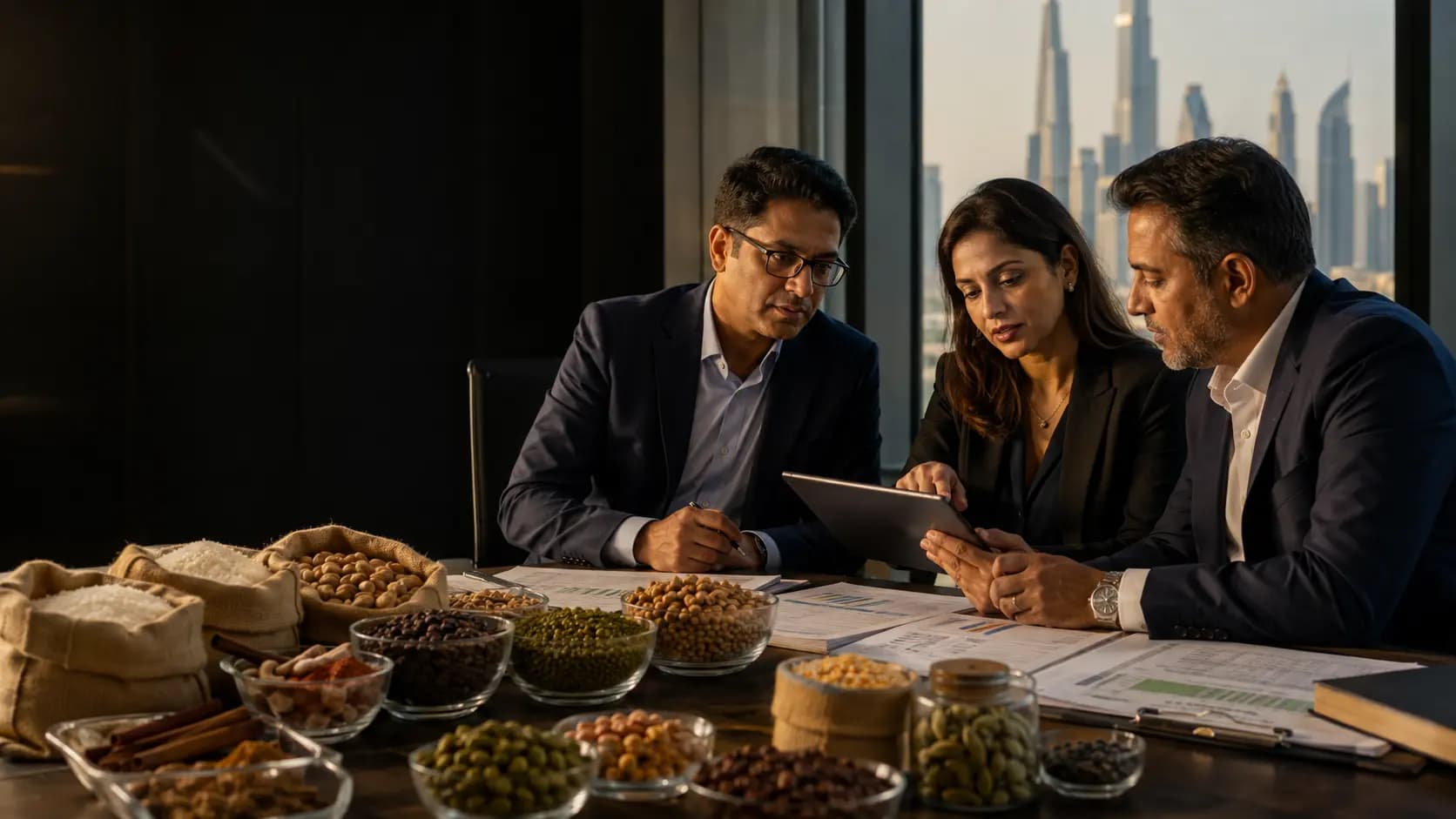 Indian business professionals reviewing agricultural commodity samples and commercial requirements