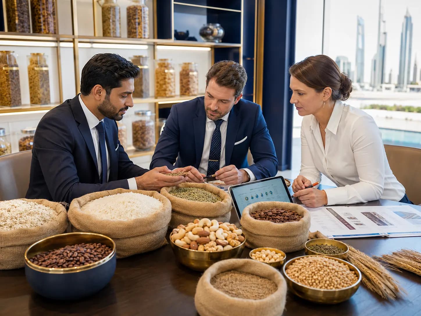 Business buyers and a supplier reviewing agricultural commodity samples including rice, coffee, grains and nuts